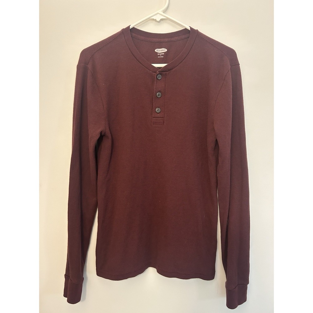 OLD NAVY Burgundy Waffle Henley Long Sleeve Top Tee Shirt Soft Washed Mens S